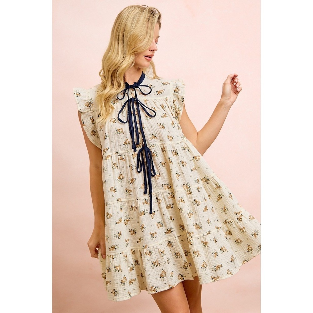 BiBi Floral Multi-tierd Dress With Ruffles And Front Tie - Oatmeal/Navy - Large - Picture 7 of 16